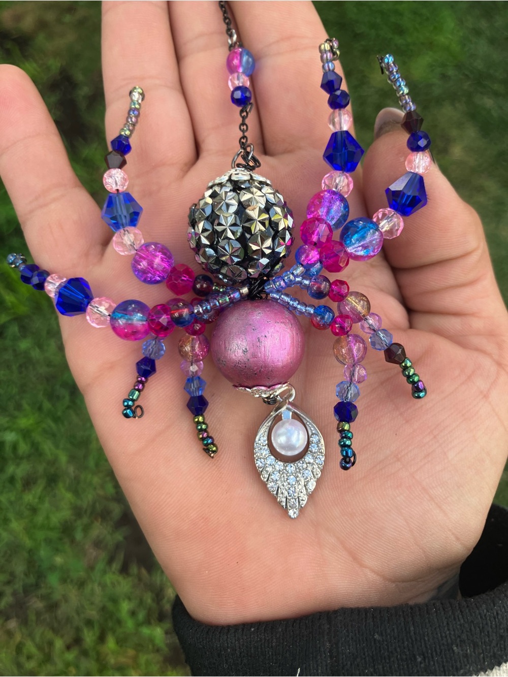 Blue and Pink Beaded Spider Sun catcher with pearl charm and silver accents